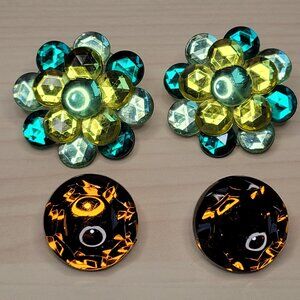 2 Pairs of Chunky Gaudy 80's Stud Earrings: Yellow Green Flowers & Brown Gems